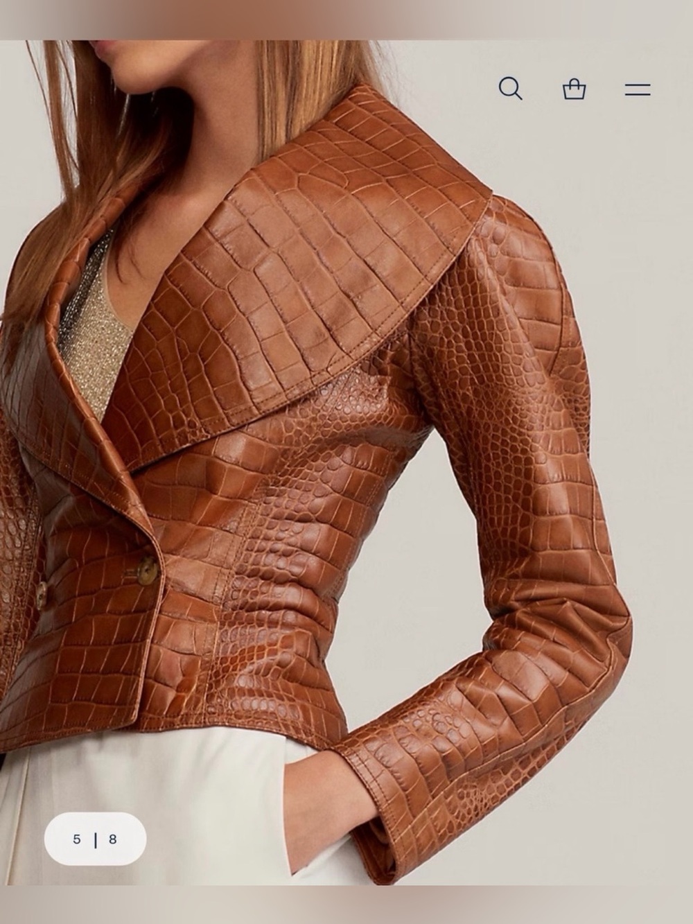 RALPH LAUREN COLLECTION BREANNA CROCODILE LEATHER JACKET IN TOFFEE - Picture 6 of 15